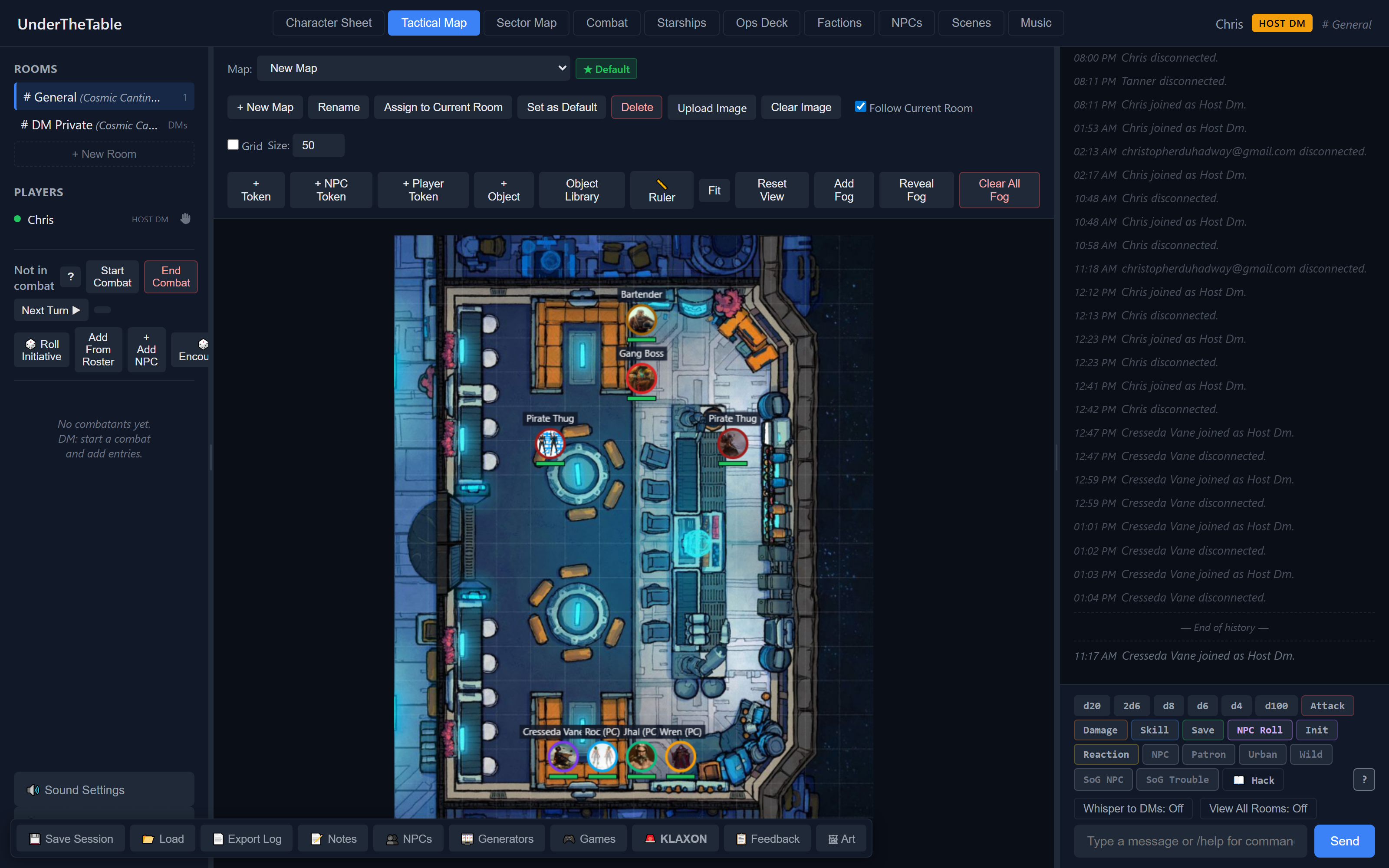 The tactical map: a multi-room battlemap with shared token positions, fog of war, and per-token states. Drag a token and every player's screen sees it move.