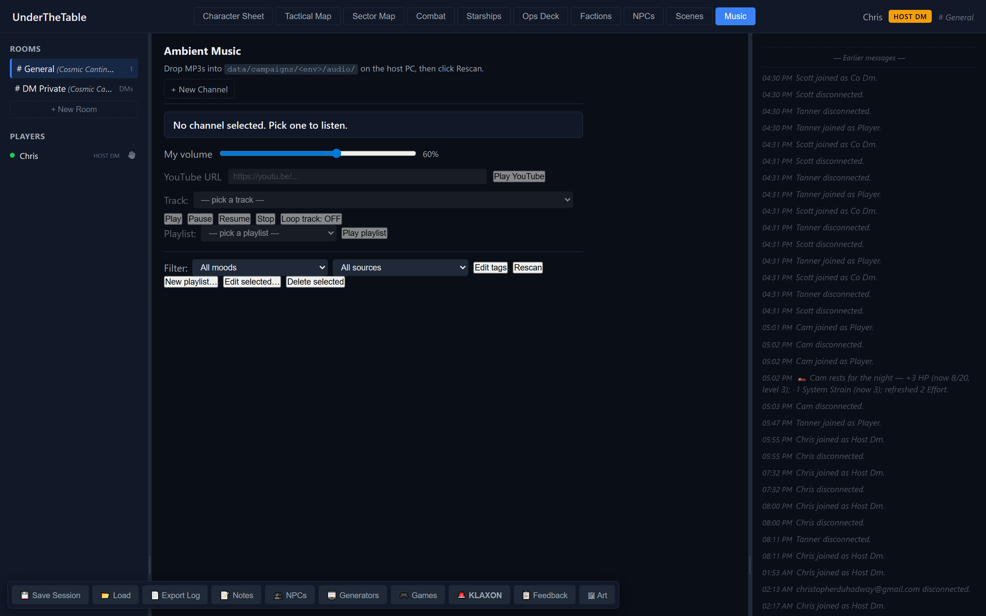 The ambient music tab with channel controls, YouTube URL input, track selector, playlist picker, and mood filters.