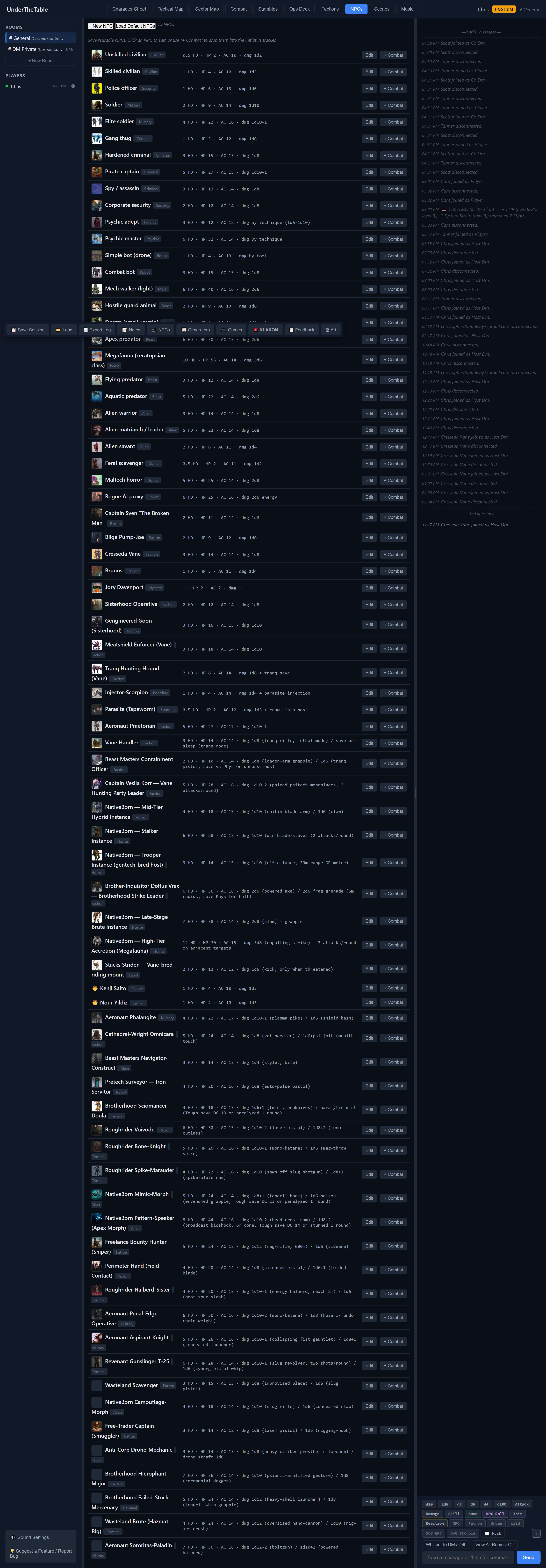 The NPC library catalog with one row per NPC. Each row shows the name and the full stat block inline: HD, HP, attack, damage, AC, movement, morale, save. + Combat button on the right adds the NPC to the active combat tracker.
