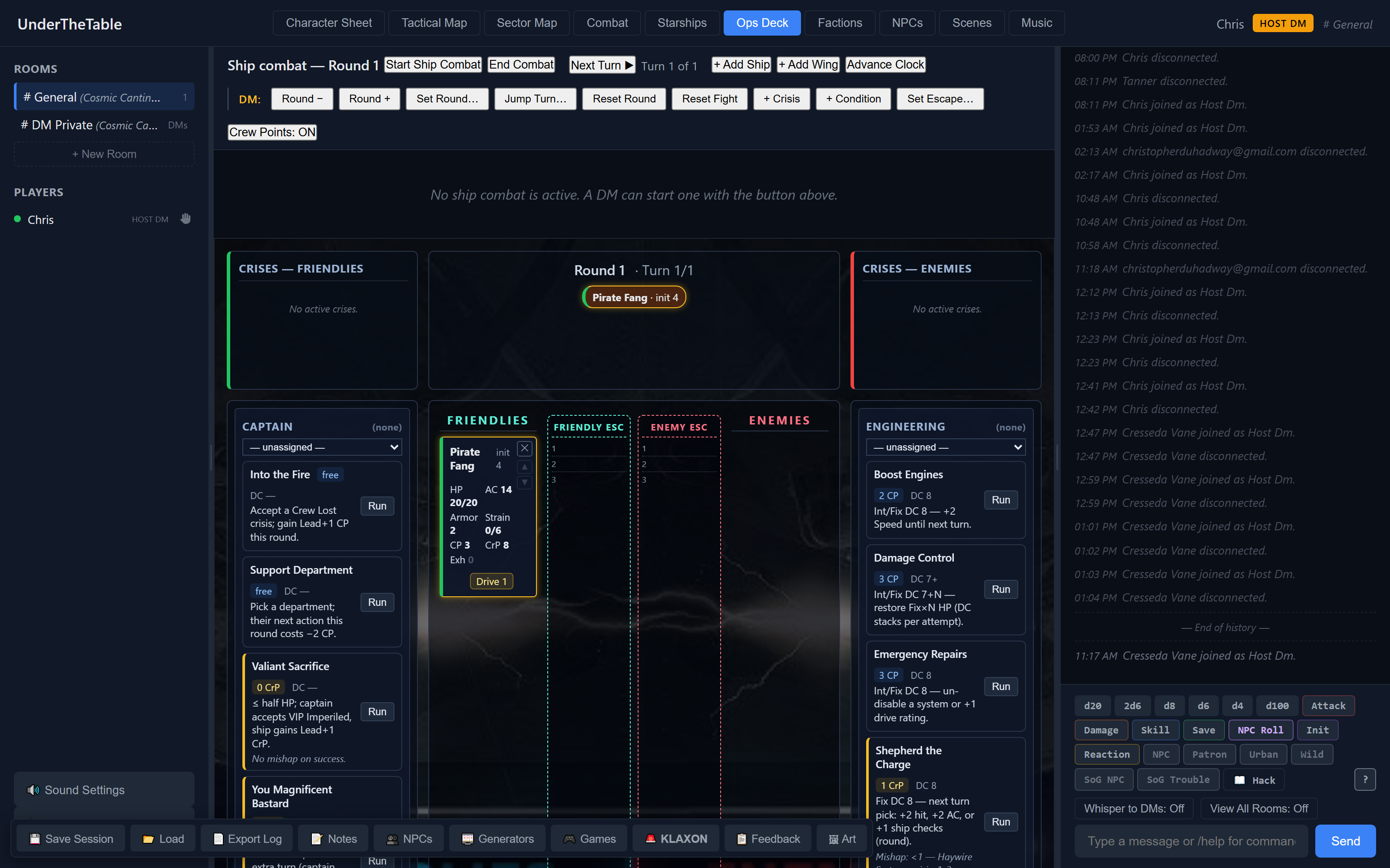 The Operations Deck with allies and enemies columns, captain station with department orders, mission card, and crisis cards.