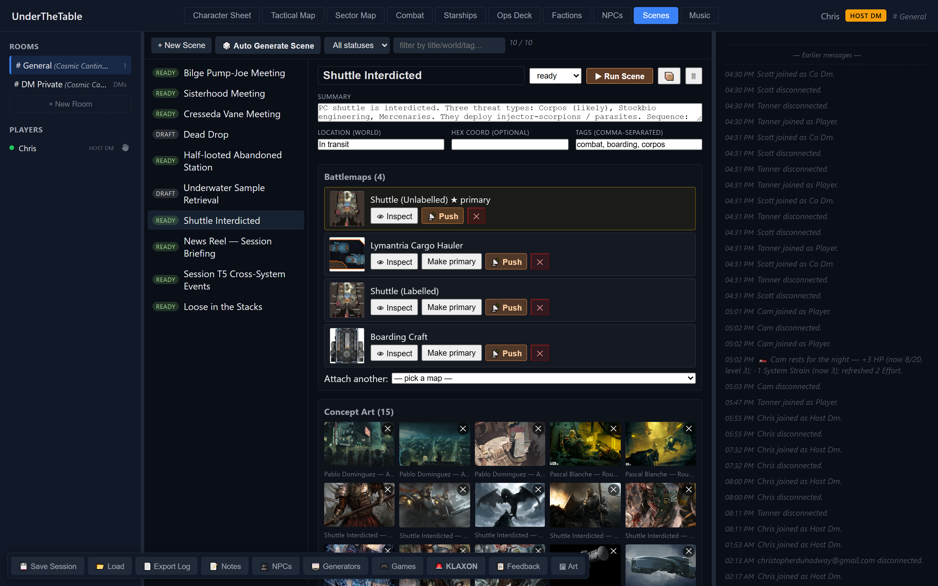 The Shuttle Interdicted scene with status, location and tags at the top, a primary Laventria Cargo Hauler battlemap, two more attached battlemaps (Shuttle Labeled, Boarding Craft), each with a Push button to broadcast to players, and a concept art gallery of fifteen images.