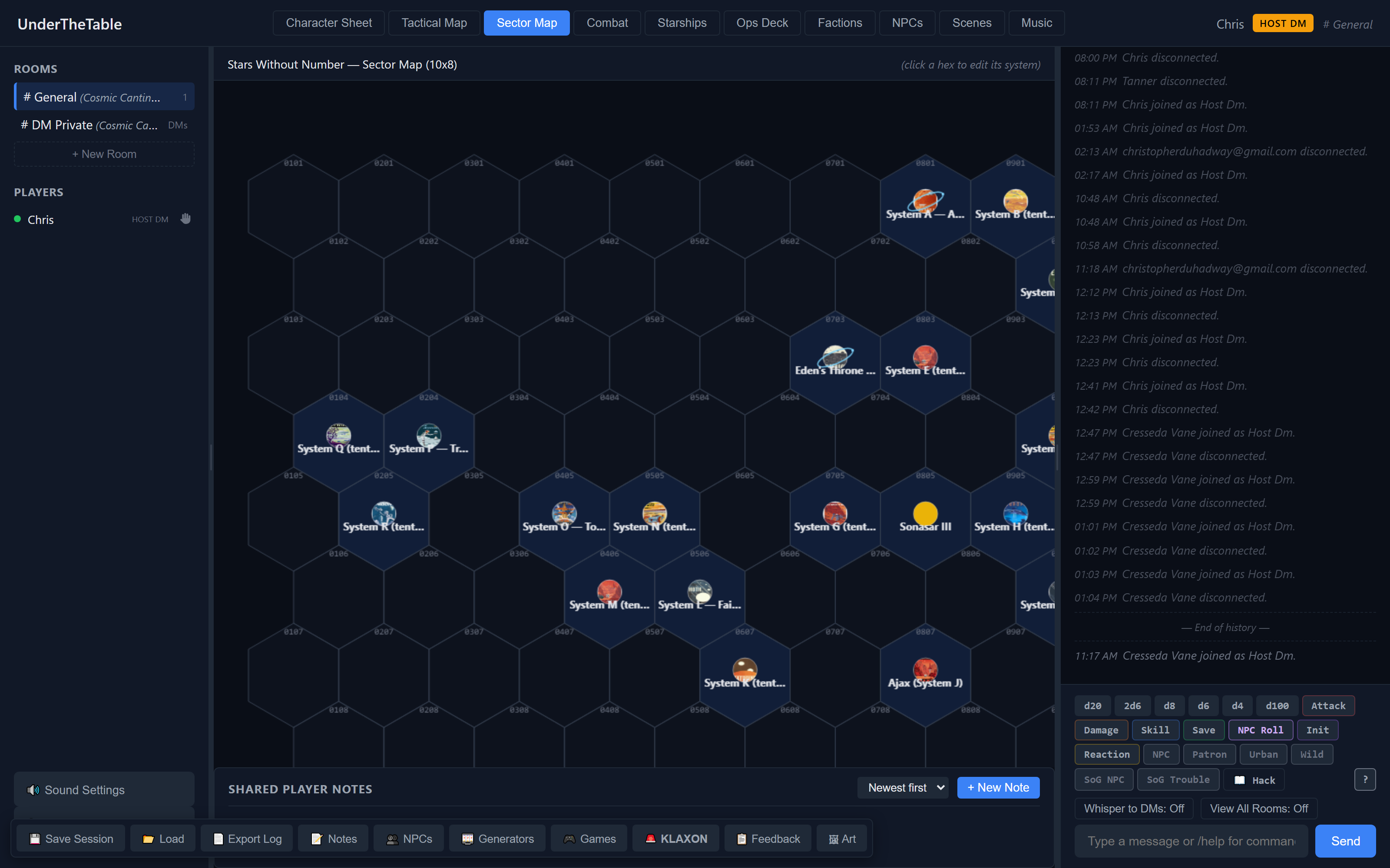 The sector map: a hex grid with named star systems and shared player notes at the bottom.