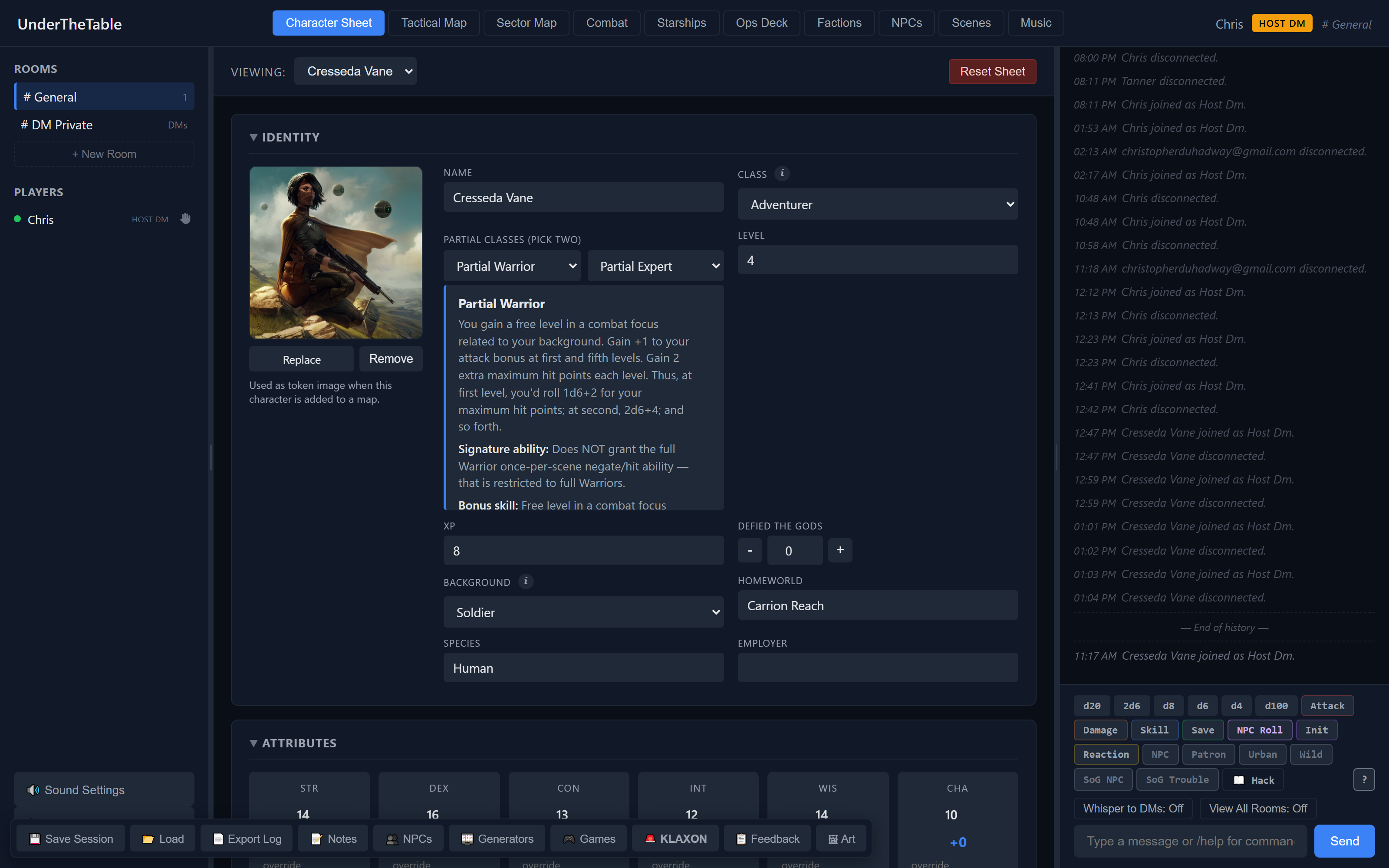 A character sheet with identity, attributes, and combat blocks. Dice toolbar pinned to the bottom right.