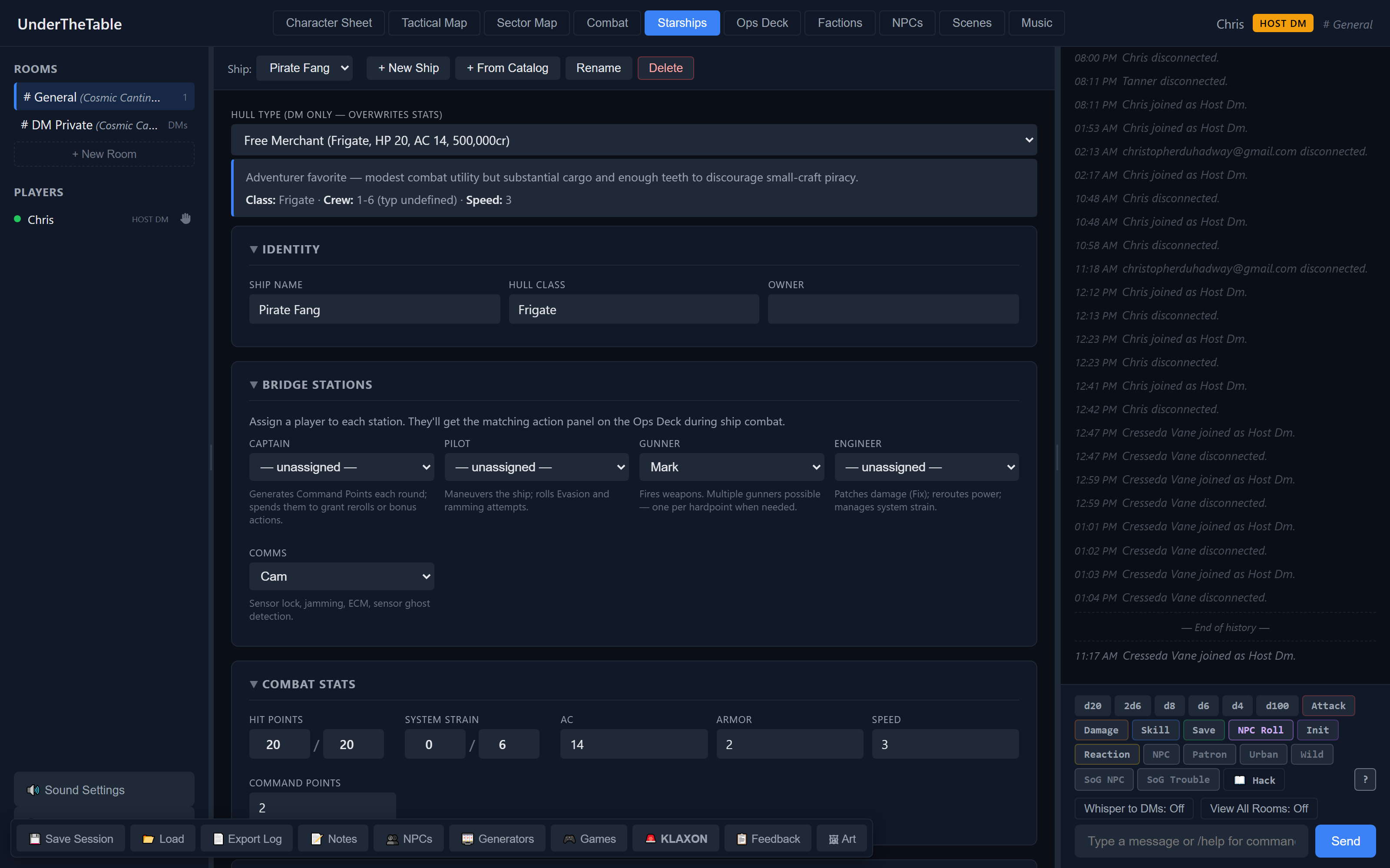 A Free Merchant ship sheet with frame stats, bridge station assignments, and combat stats.